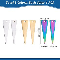 18色201ステンレススチールペンダント3個  レーザー切断  三角形  ミックスカラー  25x7x1mm  穴：1.6mm  6個/カラー&nbsp;STAS-UN0036-60