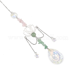 304 Stainless Steel Lotus & Glass Teardrop Suncatcher with Natural Rose Quartz & Green Aventurine Chips&nbsp;HJEW-JM05007