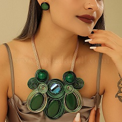 Aluminum Wire Wrapped Resin Beaded Oval Pendant Necklaces & Flat Round Stud Earrings Sets&nbsp;WG92AA6-07