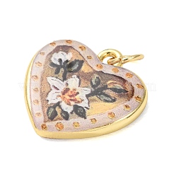 プリントブラスペンダント  花のチャーム付きハート  ゴールドカラー  ブラウン  16.5x17x3mm  穴：3.5mm&nbsp;KK-CBA8989-02D