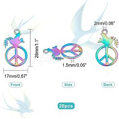 20個レインボーカラーアロイペンダント  カドミウムフリー＆ニッケルフリー＆鉛フリー  鳩と平和のサイン  28x17x1.5mm  穴：2mm&nbsp;FIND-FH0003-56