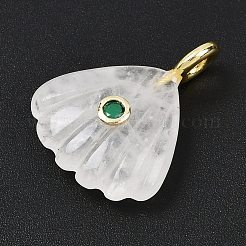 天然水晶彫刻ペンダント  キュービックジルコニアと真鍮の金具が付いたロッククリスタルのシェル型チャーム  ゴールドカラー  ラックめっき  28x22x8mm  穴：4mm&nbsp;G-G330-02G-02