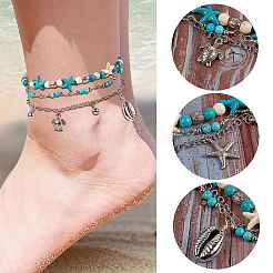 Synthetic Turquoise Beads Multi-strand Anklet&nbsp;AJEW-SW00008