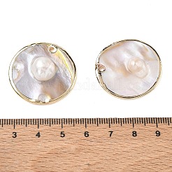 シェルパールのペンダント  フラットラウンドのチャーム  金色の真鍮エッジ付き  貝殻色  30x5~7mm  穴：1.8mm&nbsp;SH-CBACA76-08