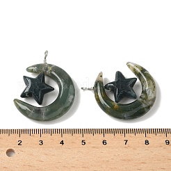 天然苔瑪瑙のペンダント  星のチャームを持つ月  銅線ループ付き  プラチナ  36~37x27~28x7.5~8mm  穴：4mm&nbsp;G-Z086-01P-23