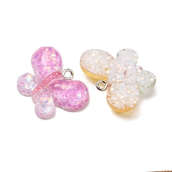 透明樹脂＆スパンコールペンダント  蝶のチャーム  プラチナ鉄ループ付き  ツートン  ミックスカラー  19x26x6mm  穴：2mm&nbsp;RE-CBAFA44-01
