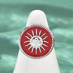 太陽の模様が入ったフラットラウンドの304ステンレススチール製エナメル指輪（女性用）  ステンレス鋼色  レッド  フラットラウンド：18.5mm  usサイズ6（16.5mm）&nbsp;RJEW-G355-05P-02