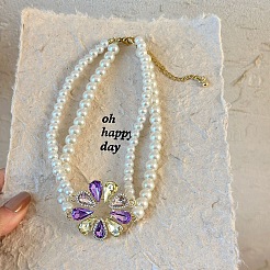 花の合金のカラフルなラインストーンペンダント、プラスチックの模造真珠のビーズの二重層ネックレス  ホワイト  ゴールドカラー  13.78インチ（35cm）&nbsp;FS-WG2A466-01