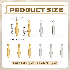 20個2色316サージカルステンレスペンダント  菱形  刻まれた316l  ミックスカラー  20x3.5x1mm  穴：1mm  10個/カラー&nbsp;STAS-LP0004-15