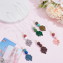 6Pcs 6 Colors Monstera Leaf Wood Pendant & Dyed Natural Lava Rock Bead Hanging Ornament&nbsp;HJEW-DR00094