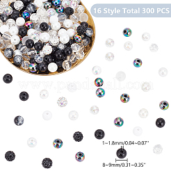 DIYラウンドビーズジュエリーメイキングファインディングキット  アクリル＆ガラス＆ポリマークレイラインストーンビーズを含む  ブラック  8~9x6~9mm  穴：1~2mm  300個/箱&nbsp;DIY-WR0003-85C