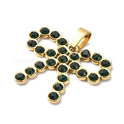イオンプレーティング（IP）304ステンレススチールラインストーンペンダント  蝶結び  濃い緑  25x31.5x2.5mm  穴：7x4.5mm&nbsp;STAS-Z066-06G-01