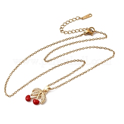 Brass Micro Pave Clear Cubic Zirconia Enamel Red Cherry Pendant 304 Stainless Steel Cable Chain Necklaces for Women&nbsp;NJEW-H092-04G
