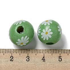 プリントウッドヨーロピアンビーズ  デイジー模様の丸い  ダークシーグリーン  15.5~16mm  穴：4~4.5mm&nbsp;WOOD-G022-19J