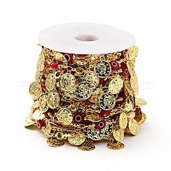 ガラス フラット ラウンド エナメルナザールボンジュウビーズ チェーン付き  本物の 18k 金メッキ真鍮コイン チャーム チェーン リンク チェーン付き  鉛フリー＆カドミウムフリー  ハンダ付け  スプールで  レッド  19x6x3mm  13x5x1mm&nbsp;CHC-G017-23G-02