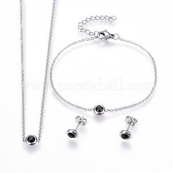 304ステンレススチールジュエリーセット  ペンダントネックレス＆スタッドピアス＆ブレスレット  ラインストーン付き  フラットラウンド  ブラック  ミックスカラー  16.54インチ（42cm）  6-3/4インチ（17cm）  6.5x3.5mm  ピン：0.8mm&nbsp;SJEW-H144-24C