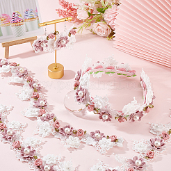 刺繡ポリエステルレーストリム  プラスチック製の模造パールビーズ付き  3 Dの花  カラフル  20~58x11mm  約2ヤード/ロール&nbsp;DIY-WH0292-80