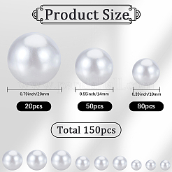150個、3種類のスタイルのABSプラスチック模造真珠ラウンドビーズ  穴がない  ホワイト  10~20mm&nbsp;KY-SP0001-63B