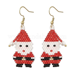 クリスマスガラス製ぶら下がりピアス  304ステンレススチール製、シェルパールビーズ付きドロップピアス（女性用）  サンタクロース  54x26mm&nbsp;EJEW-MZ00804