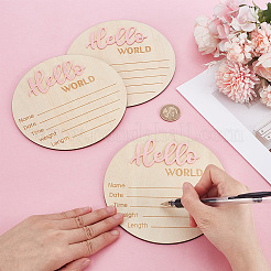 木製の赤ちゃんの写真小道具  出産報告のサイン  木製の成長マイルストーンサイン  Flat Round with Word hello world  ピンク  148x5mm&nbsp;WOOD-WH0002-56A