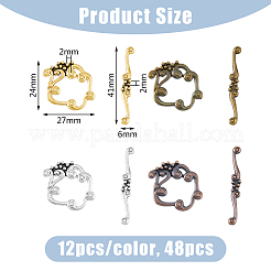 48色の合金製フラワーマンテル4個  カドミウムフリー＆鉛フリー  ミックスカラー  バー：41x6x2mm  花：24x27x2mm  穴：1.5mm  12個/カラー&nbsp;FIND-DC0004-35