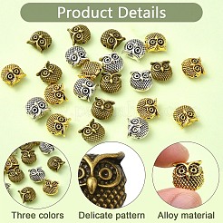 24個3色チベット風合金ビーズ  カドミウムフリー＆鉛フリー  フクロウ  ミックスカラー  11x11x7~8.5mm  穴：1.4~1.6mm  8個/スタイル&nbsp;FIND-YW0006-17