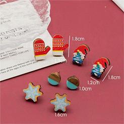 4 Pairs Snowflake & Glove & Christmas Gnome Printed Wood Stud Earrings&nbsp;EJEW-OY001-04