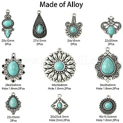 20pcs10スタイルチベットスタイルアロイペンダント  レジン付きイミテーションターコイズ  花/ティアドロップ/ひし形チャーム  アンティークシルバー  22~35x13~25x4~6mm  穴：1.8~2mm  2個/スタイル&nbsp;TIBEP-CJ0003-31