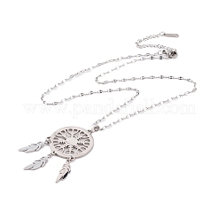 Non-Tarnish Woven Net/Web with Feather 201 Stainless Steel Boho Pendant Necklaces for Women&nbsp;NJEW-G087-08P