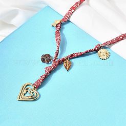 304ステンレススチール製ハート＆ガラスリーフフラワーペンダントプリントポリエステルコードネックレス（女性用）  ファイヤーブリック  ゴールドカラー  16.34インチ（41.5cm）&nbsp;NJEW-A063-07G