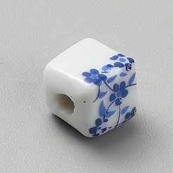 手作りの陶器ビーズ  キューブ  青と​​白の磁器  ブルー  8.5x7.5x8mm  穴：2mm&nbsp;PORC-WH20001-05A