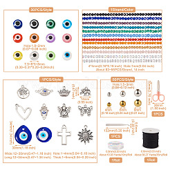 DIY イービルアイ ブレスレット メイキング キット  レジンフラットラウンド＆バイコーンガラスビーズを含む  ハート＆フラワー＆クロス＆バタフライ 合金ペンダント＆リンク  ティアドロップ ランプワーク ペンダント  はさみ  ピンセット  ミックスカラー&nbsp;DIY-TA0004-43