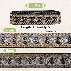 ポリエステル菱形刺繍レーストリム  スパンコール入り  衣類用アクセサリー  ブラック  1-3/4インチ（45mm）&nbsp;OCOR-WH0090-84A