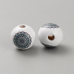 プリントウッドヨーロピアンビーズ  大穴丸いビーズ  花  ライトスチールブルー  15~15.5mm  穴：4mm&nbsp;WOOD-CJC0001-20E