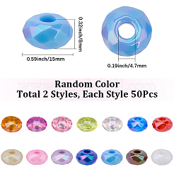 100個2スタイル不透明アクリルヨーロピアンビーズ  大穴ビーズ  多面カット  フラットラウンド  ミックスカラー  15x8mm  穴：4.7mm  50個/スタイル&nbsp;OACR-SC0002-74