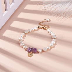Natural Amethyst Chips & Pearl Beaded Bracelet&nbsp;BJEW-JB08236-02
