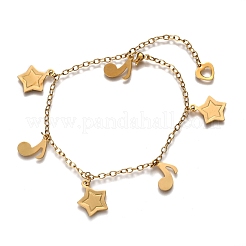 304ステンレススチールチャームアンクレット  混合図形  ゴールドカラー  9-7/8インチ（25.2cm）&nbsp;AJEW-F035-02G