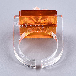 透明樹脂カフリング  オープンリング  ABカラーメッキ  花の正方形  サンゴ  usサイズ8 1/2(18.5mm)&nbsp;RJEW-T017-02