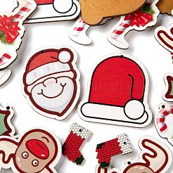 48個6スタイルプリントバスウッドペンダント  クリスマスの靴下  サンタクロース  クリスマス松葉杖  クリスマスの帽子  クリスマスのトナカイ/クワガタ  クリスマスヒイラギの葉  ミックスカラー  22~52x17~49.5x2~3mm  穴：1.5~1.8mm&nbsp;WOOD-LS0001-10