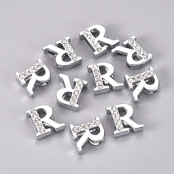 合金スライドチャーム  クリスタルラインストーン付き  文字L  プラチナ  文字.r  R：11.5x11.5x4.5mm  穴：2x8mm&nbsp;PALLOY-WH0066-21R