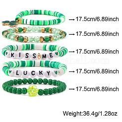 5Pcs 5 Styles Saint Patrick's Day Glass & Resin & Polymer Clay Beads Stretch Bracelets&nbsp;BK9964-5