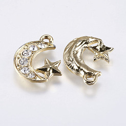 CCBプラスチックペンダント  ラインストーン付き  スターとムーン  ライトゴールド  19x16.5x2.5mm  穴：2mm&nbsp;X-CCB-E050-09KCG