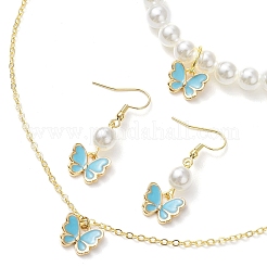 合金エナメル蝶チャームネックレス＆ダングルイヤリング＆ABSプラスチック模造真珠ビーズブレスレットセット  女性用ジュエリーセット  ディープスカイブルー  380mm&nbsp;SJEW-JS01315-02