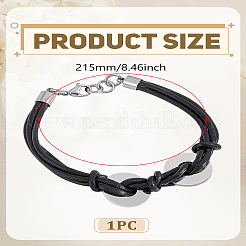 PUレザーコードブレスレット1個  ステンレススチールのフラットラウンドチャーム付き  ブラック  8-1/2インチ（21.5cm）&nbsp;BJEW-LP0003-53