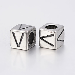 304 ステンレススチール 大きな穴文字 ヨーロッパ ビーズ  文字.v付きのキューブ  アンティークシルバー  8x8x8mm  穴：5mm&nbsp;X-STAS-H428-01AS-V
