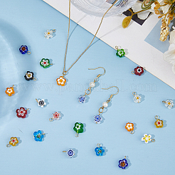 手作りミルフィオリガラスペンダント48個  花  304ステンレススチールループ付き  ミックスカラー  12.6mm  穴：1.5mm&nbsp;PALLOY-HS00029