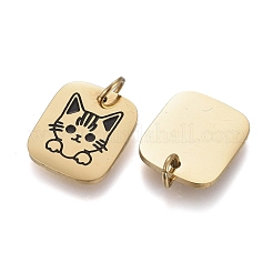 316サージカルステンレススチールチャーム  丸カンとエナメル付き  rrectangle＆cat  ブラック  ゴールドカラー  12x10x0.8mm  穴：2.8mm&nbsp;X-STAS-I164-017G