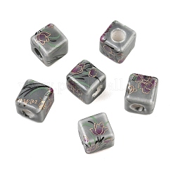 花柄プリントの磁器ビーズ  花柄のセラミックビーズ  キューブ  ダークシーグリーン  10x10x10mm  穴：4mm&nbsp;PORC-Q160-2