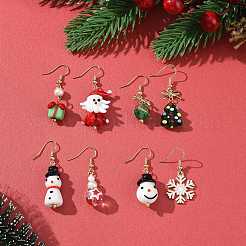 4 セット 4 スタイルのランプワーク & 合金エナメルダングルイヤリングセット  スノーフレーク & ギフト & クリスマスツリー & サンタクロース 真鍮イヤリング (女性用)  ミックスカラー  37~46mm  ピン：0.9mm  1セット/スタイル&nbsp;EJEW-TA00228