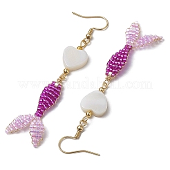 ガラス＆シェルのダングルイヤリング 3ペア 3色  魚とハート 304 ステンレススチール ダングルイヤリング 女性用  ゴールドカラー  ミックスカラー  76.5~82x17mm  1ペア/カラー&nbsp;EJEW-MZ00160